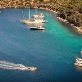 A serene bay with a variety of boats including sailboats