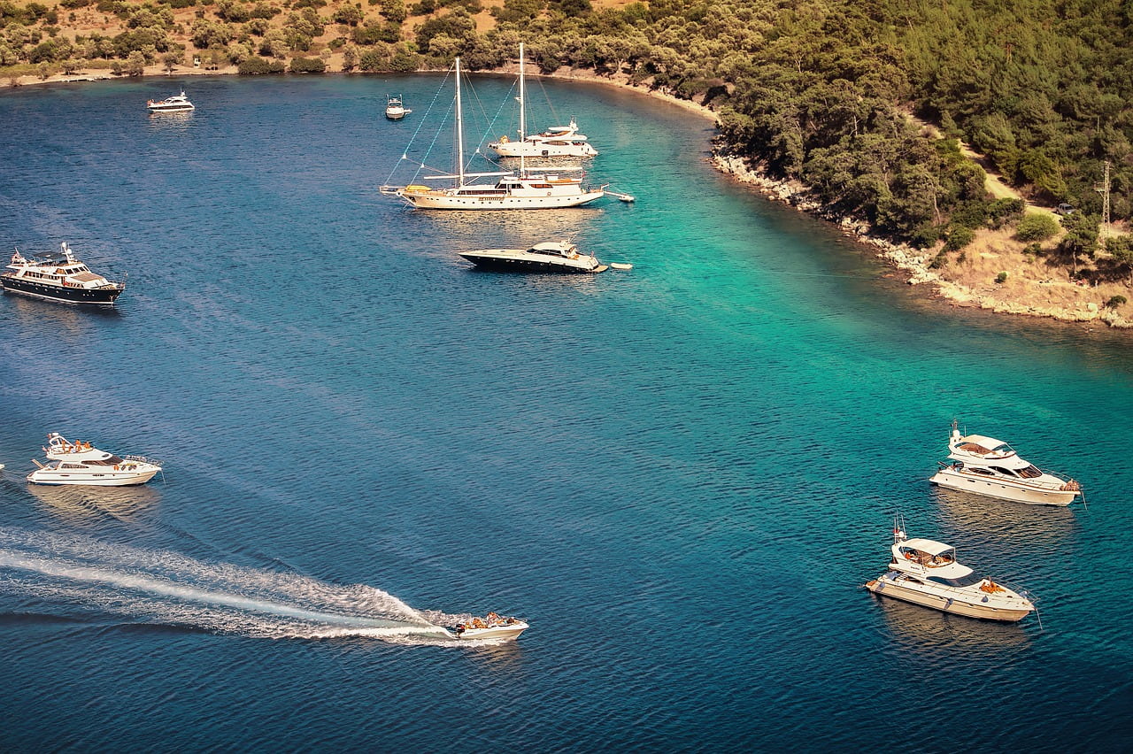 A serene bay with a variety of boats including sailboats