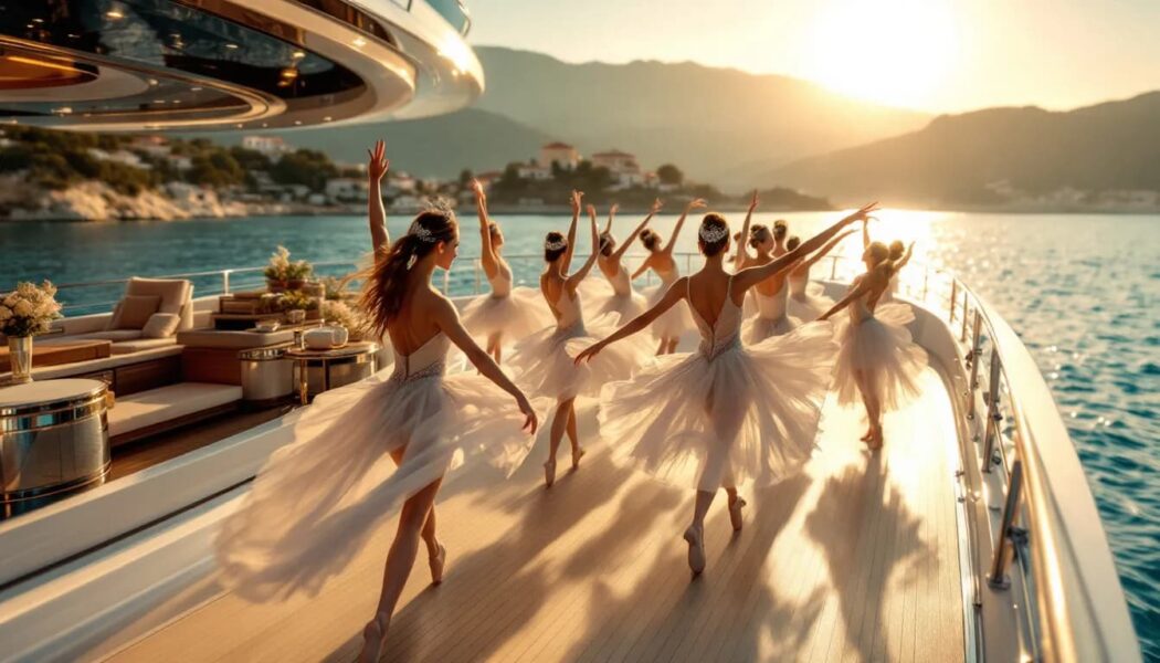 A luxury yacht with a ballet performance backdrop, symbolizing the intersection of elegance.